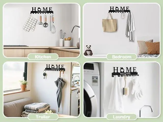 Alt view image 7 of 7 - Key Holder Wall Mount, Adhesive Key Hanger with 12 Hooks, Black | Metal Material, 2 Mount Options, Compact Design, Cute Wall Decoration, Suit for Entryway, Doorway, Hallway, RV, Garage