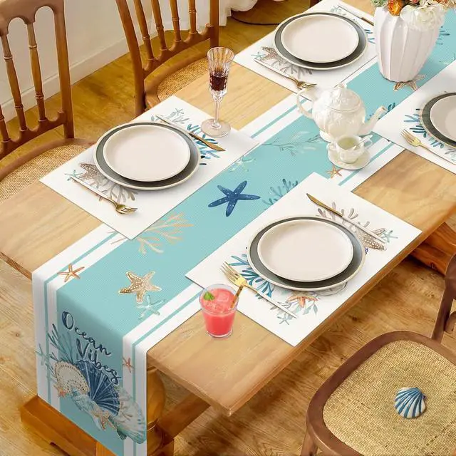 Alt view image 5 of 6 - Bonhause Nautical Coastal Placemats Set of 4, 12x18 Inch Beach Starfish Seashell Ocean Coral Summer Kitchen Dining Table Mats Washable Place Mats for Indoor Outdoor Home Party Décor