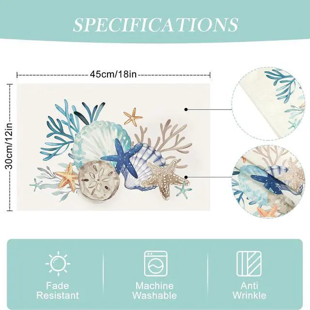 Alt view image 6 of 6 - Bonhause Nautical Coastal Placemats Set of 4, 12x18 Inch Beach Starfish Seashell Ocean Coral Summer Kitchen Dining Table Mats Washable Place Mats for Indoor Outdoor Home Party Décor