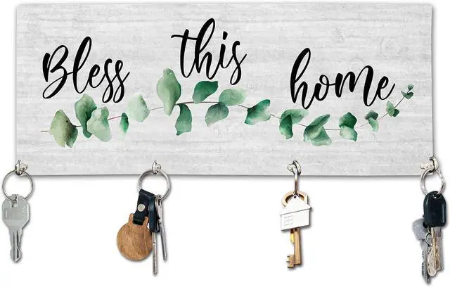 Main image of Bless This Home Wooden Key Holder for Wall - 5"x10" Key Organizer Hanger with 4 Hooks for Front Door Hallway Entryway Kitchen - Home Office Decor & Housewarming Gifts Supplies - A01