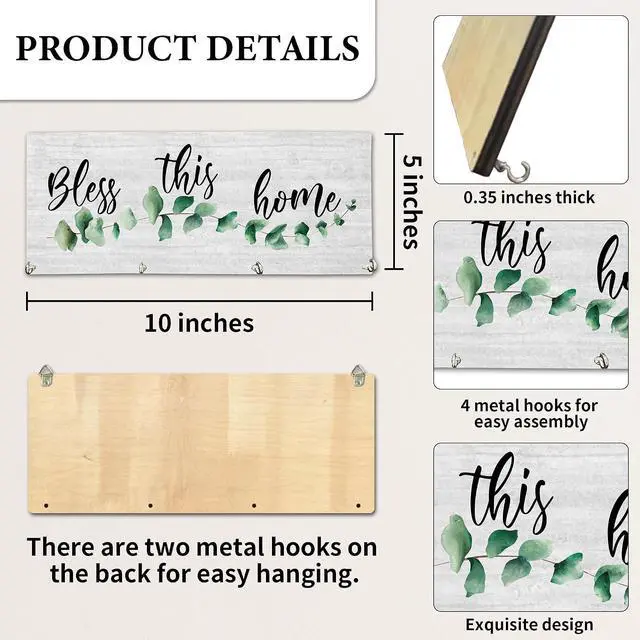 Alt view image 2 of 5 - Bless This Home Wooden Key Holder for Wall - 5"x10" Key Organizer Hanger with 4 Hooks for Front Door Hallway Entryway Kitchen - Home Office Decor & Housewarming Gifts Supplies - A01