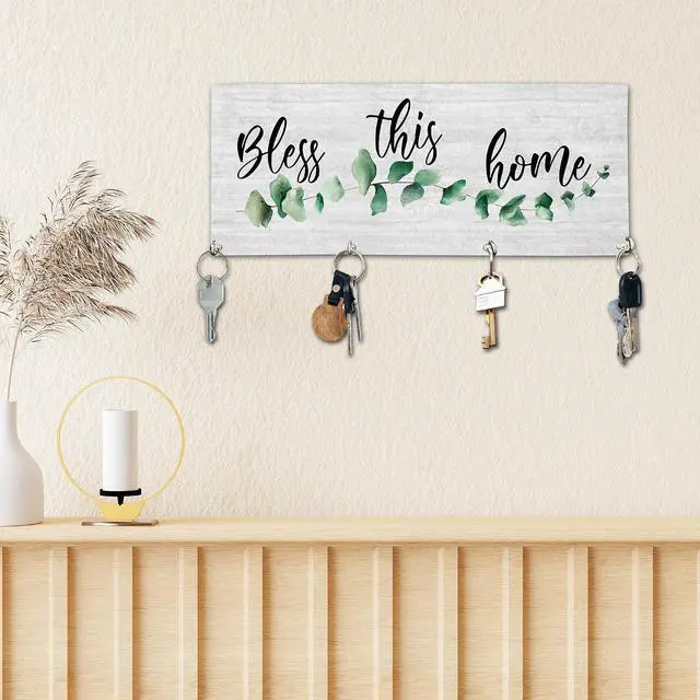Alt view image 4 of 5 - Bless This Home Wooden Key Holder for Wall - 5"x10" Key Organizer Hanger with 4 Hooks for Front Door Hallway Entryway Kitchen - Home Office Decor & Housewarming Gifts Supplies - A01