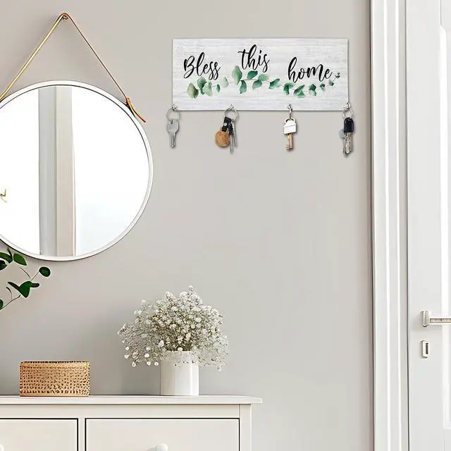 Alt view image 5 of 5 - Bless This Home Wooden Key Holder for Wall - 5"x10" Key Organizer Hanger with 4 Hooks for Front Door Hallway Entryway Kitchen - Home Office Decor & Housewarming Gifts Supplies - A01