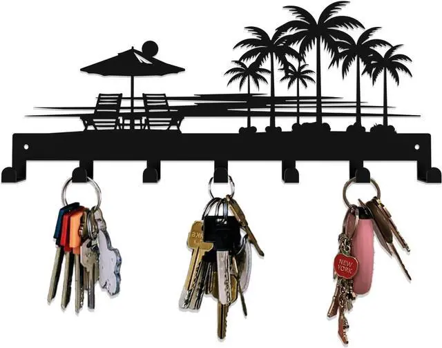 Main image of Tropical Style Key Holder Wall Mount with 7 Hooks, Key Hanger Organizer for Front Door, Hallway, Entryway & Office Decor, Featuring Sunset and Coconut Tree Design