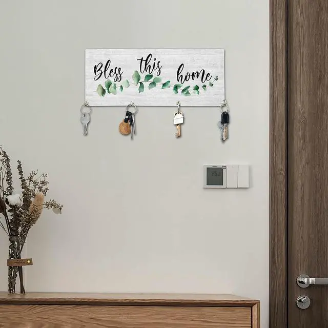 Alt view image 3 of 5 - Bless This Home Wooden Key Holder for Wall - 5"x10" Key Organizer Hanger with 4 Hooks for Front Door Hallway Entryway Kitchen - Home Office Decor & Housewarming Gifts Supplies - A01