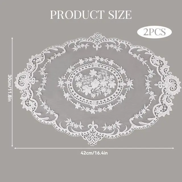 Alt view image 2 of 7 - 2 Pack Retro Lace French Crochet Doilies Table Placemats Handmade Solid White Embroidered Lace Farmhouse Placemats 12x16 inch Place Mats Cup Mat(Style 4)