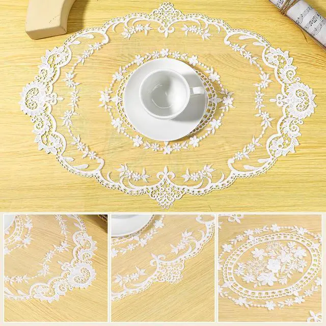 Alt view image 3 of 7 - 2 Pack Retro Lace French Crochet Doilies Table Placemats Handmade Solid White Embroidered Lace Farmhouse Placemats 12x16 inch Place Mats Cup Mat(Style 4)
