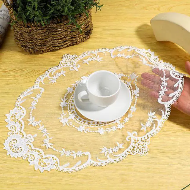Alt view image 4 of 7 - 2 Pack Retro Lace French Crochet Doilies Table Placemats Handmade Solid White Embroidered Lace Farmhouse Placemats 12x16 inch Place Mats Cup Mat(Style 4)