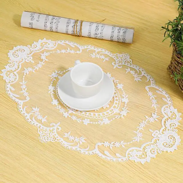 Alt view image 5 of 7 - 2 Pack Retro Lace French Crochet Doilies Table Placemats Handmade Solid White Embroidered Lace Farmhouse Placemats 12x16 inch Place Mats Cup Mat(Style 4)