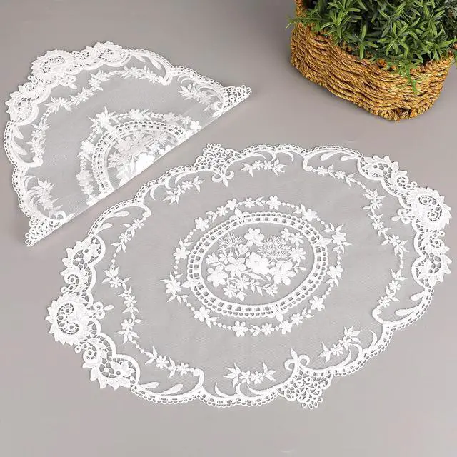 Alt view image 6 of 7 - 2 Pack Retro Lace French Crochet Doilies Table Placemats Handmade Solid White Embroidered Lace Farmhouse Placemats 12x16 inch Place Mats Cup Mat(Style 4)