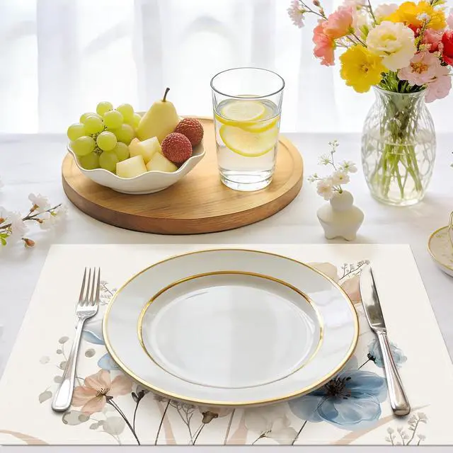 Alt view image 2 of 6 - Bonhause Watercolor Floral Placemats Set of 4, 12x18 Inch Blue Brown Flower Leaves Kitchen Dining Table Mats Washable Place Mats for Indoor Outdoor Home Party Decor