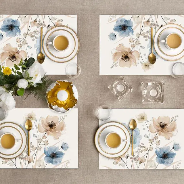 Alt view image 4 of 6 - Bonhause Watercolor Floral Placemats Set of 4, 12x18 Inch Blue Brown Flower Leaves Kitchen Dining Table Mats Washable Place Mats for Indoor Outdoor Home Party Decor