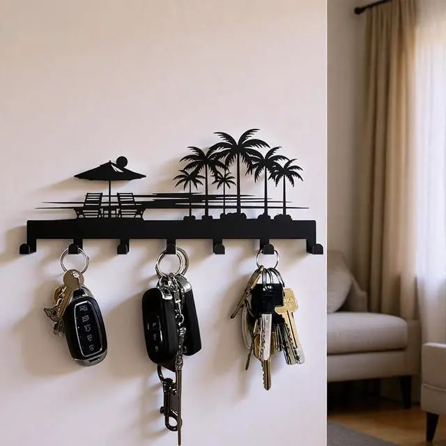 Alt view image 2 of 7 - Tropical Style Key Holder Wall Mount with 7 Hooks, Key Hanger Organizer for Front Door, Hallway, Entryway & Office Decor, Featuring Sunset and Coconut Tree Design