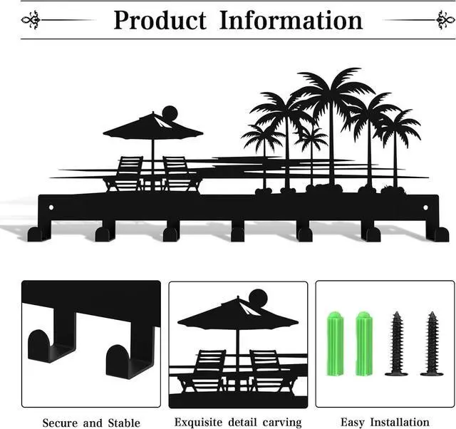 Alt view image 3 of 7 - Tropical Style Key Holder Wall Mount with 7 Hooks, Key Hanger Organizer for Front Door, Hallway, Entryway & Office Decor, Featuring Sunset and Coconut Tree Design