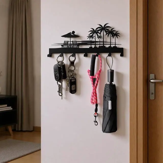 Alt view image 4 of 7 - Tropical Style Key Holder Wall Mount with 7 Hooks, Key Hanger Organizer for Front Door, Hallway, Entryway & Office Decor, Featuring Sunset and Coconut Tree Design