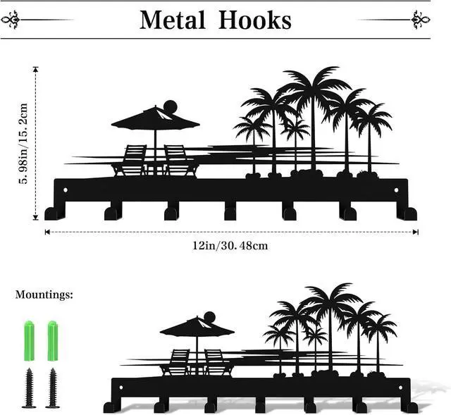 Alt view image 5 of 7 - Tropical Style Key Holder Wall Mount with 7 Hooks, Key Hanger Organizer for Front Door, Hallway, Entryway & Office Decor, Featuring Sunset and Coconut Tree Design