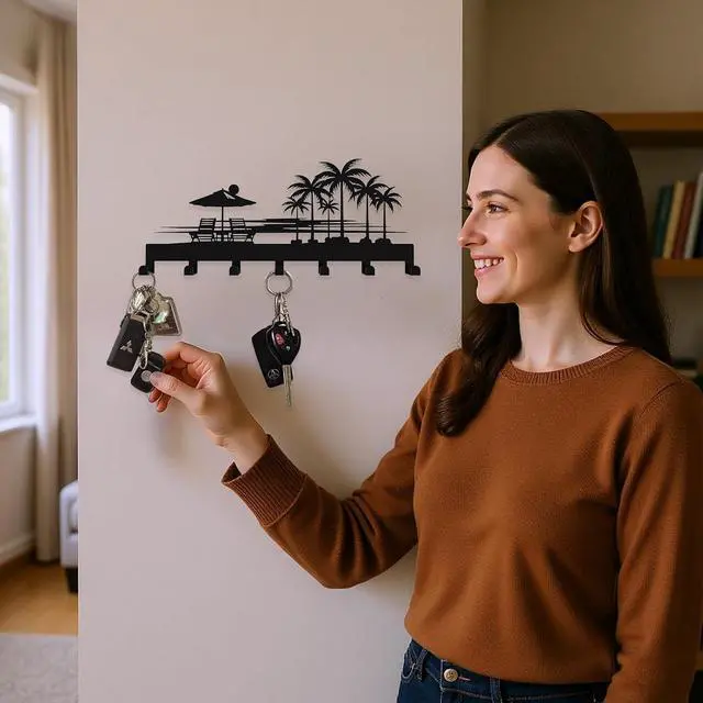 Alt view image 6 of 7 - Tropical Style Key Holder Wall Mount with 7 Hooks, Key Hanger Organizer for Front Door, Hallway, Entryway & Office Decor, Featuring Sunset and Coconut Tree Design