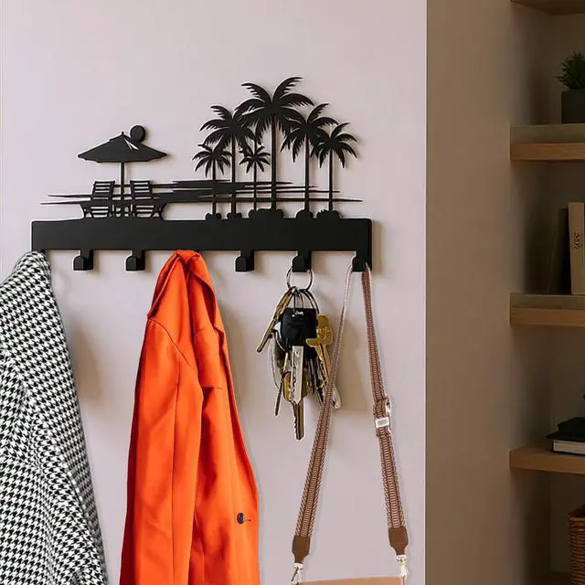 Alt view image 7 of 7 - Tropical Style Key Holder Wall Mount with 7 Hooks, Key Hanger Organizer for Front Door, Hallway, Entryway & Office Decor, Featuring Sunset and Coconut Tree Design