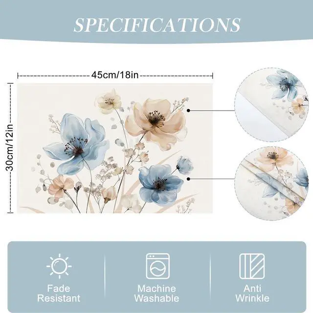 Alt view image 6 of 6 - Bonhause Watercolor Floral Placemats Set of 4, 12x18 Inch Blue Brown Flower Leaves Kitchen Dining Table Mats Washable Place Mats for Indoor Outdoor Home Party Decor