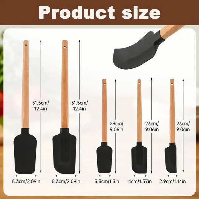 Alt view image 2 of 7 - 5 Pcs Silicone Spatula Set, Nonstick Rubber Spatulas with Wooden Handle, Soup Spoon Scraper, Jar Scraper for Cooking, Baking, Mixing, Frosting(COLOR:Black)