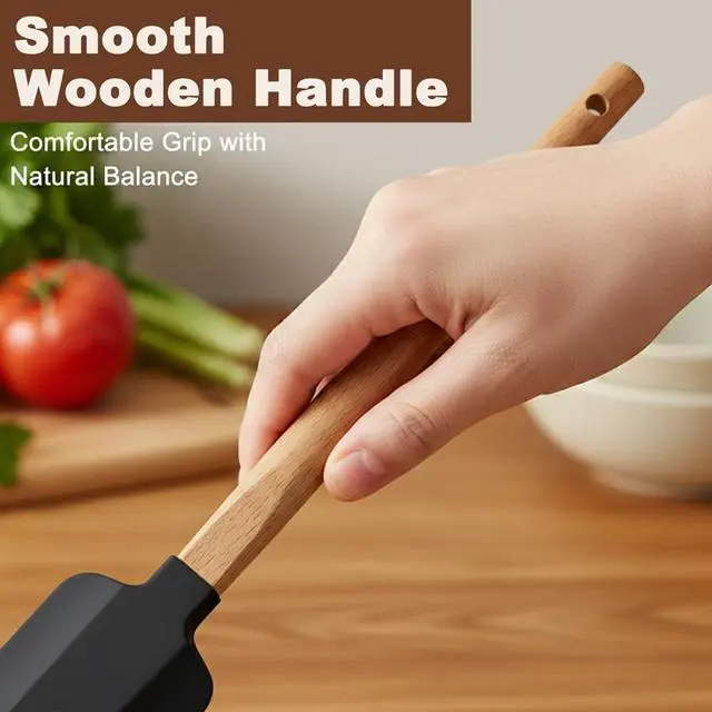 Alt view image 5 of 7 - 5 Pcs Silicone Spatula Set, Nonstick Rubber Spatulas with Wooden Handle, Soup Spoon Scraper, Jar Scraper for Cooking, Baking, Mixing, Frosting(COLOR:Black)