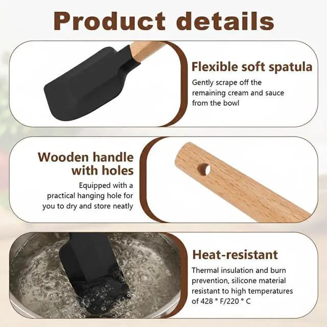 Alt view image 3 of 7 - 5 Pcs Silicone Spatula Set, Nonstick Rubber Spatulas with Wooden Handle, Soup Spoon Scraper, Jar Scraper for Cooking, Baking, Mixing, Frosting(COLOR:Black)