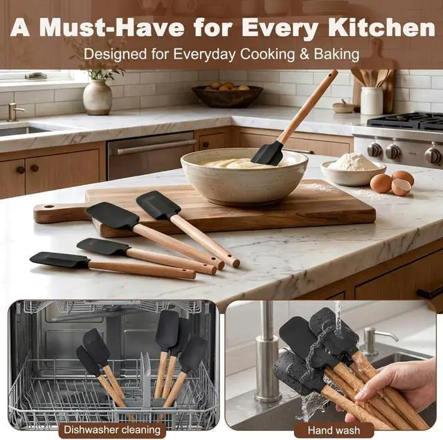 Alt view image 7 of 7 - 5 Pcs Silicone Spatula Set, Nonstick Rubber Spatulas with Wooden Handle, Soup Spoon Scraper, Jar Scraper for Cooking, Baking, Mixing, Frosting(COLOR:Black)