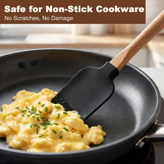 Alt view image 6 of 7 - 5 Pcs Silicone Spatula Set, Nonstick Rubber Spatulas with Wooden Handle, Soup Spoon Scraper, Jar Scraper for Cooking, Baking, Mixing, Frosting(COLOR:Black)