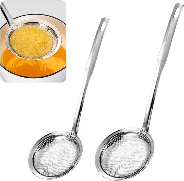Main image of 2 Pack Fine Mesh Strainer Stainless Steel Kitchen Sieve - Oil Grease Skimmer Spoon with Long Handle, Small Large Food Strainers for Frying Cooking Soup