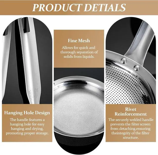 Alt view image 3 of 7 - 2 Pack Fine Mesh Strainer Stainless Steel Kitchen Sieve - Oil Grease Skimmer Spoon with Long Handle, Small Large Food Strainers for Frying Cooking Soup