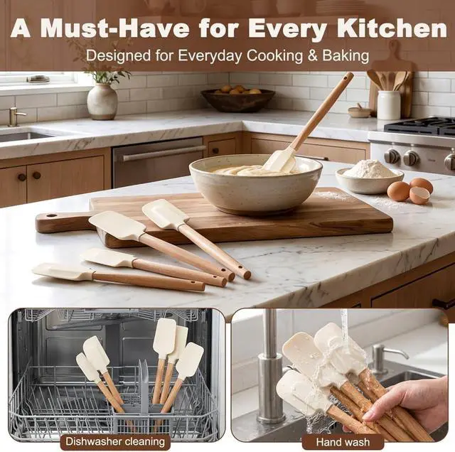 Alt view image 7 of 7 - 5 Pcs Silicone Spatula Set, Nonstick Rubber Spatulas with Wooden Handle, Soup Spoon Scraper, Jar Scraper for Cooking, Baking, Mixing, Frosting(COLOR:White)