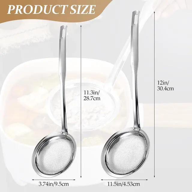 Alt view image 2 of 7 - 2 Pack Fine Mesh Strainer Stainless Steel Kitchen Sieve - Oil Grease Skimmer Spoon with Long Handle, Small Large Food Strainers for Frying Cooking Soup