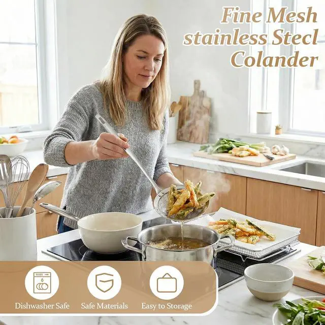 Alt view image 6 of 7 - 2 Pack Fine Mesh Strainer Stainless Steel Kitchen Sieve - Oil Grease Skimmer Spoon with Long Handle, Small Large Food Strainers for Frying Cooking Soup