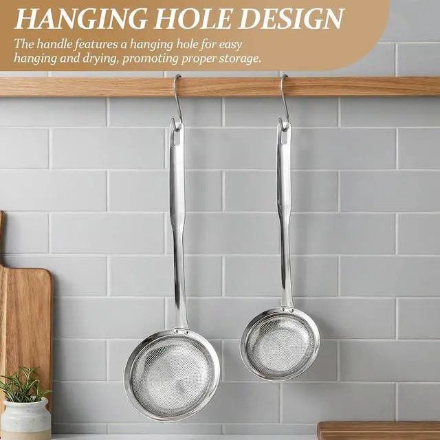 Alt view image 7 of 7 - 2 Pack Fine Mesh Strainer Stainless Steel Kitchen Sieve - Oil Grease Skimmer Spoon with Long Handle, Small Large Food Strainers for Frying Cooking Soup
