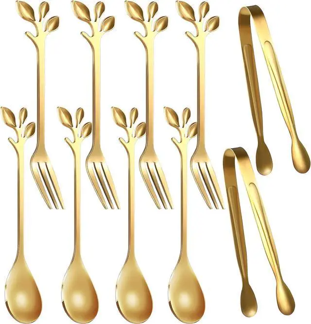 Main image of Sieral 10 Pieces Sugar Cube Tongs Mini Spoons Dessert Forks Set, Gold | Stainless Steel for Coffee Tea, Small Serving Spoons Leaf Design, Metal Tongs for Sugar Cubes, Elegant Party Tableware Set