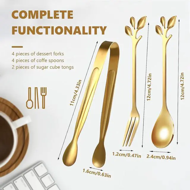 Alt view image 2 of 7 - Sieral 10 Pieces Sugar Cube Tongs Mini Spoons Dessert Forks Set, Gold | Stainless Steel for Coffee Tea, Small Serving Spoons Leaf Design, Metal Tongs for Sugar Cubes, Elegant Party Tableware Set