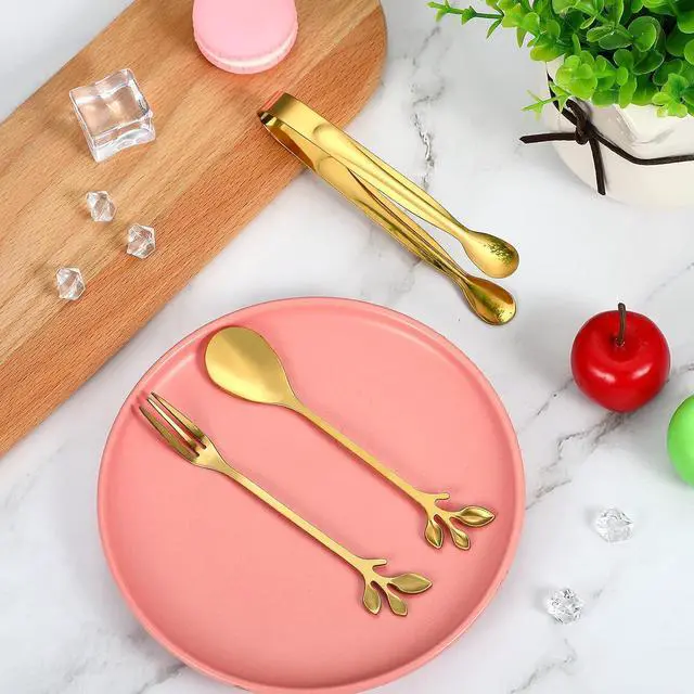 Alt view image 3 of 7 - Sieral 10 Pieces Sugar Cube Tongs Mini Spoons Dessert Forks Set, Gold | Stainless Steel for Coffee Tea, Small Serving Spoons Leaf Design, Metal Tongs for Sugar Cubes, Elegant Party Tableware Set