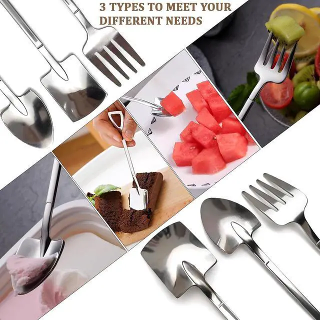 Alt view image 4 of 7 - 9PCS Shovel Spoons and Forks for Desserts Ice Cream Stainless Steel Mini | Shovel Shaped Small Spoons for Dessert, Cake, Fruit, Watermelon, Coffee, Yogurt(4.8in Mini Shovels Silver)