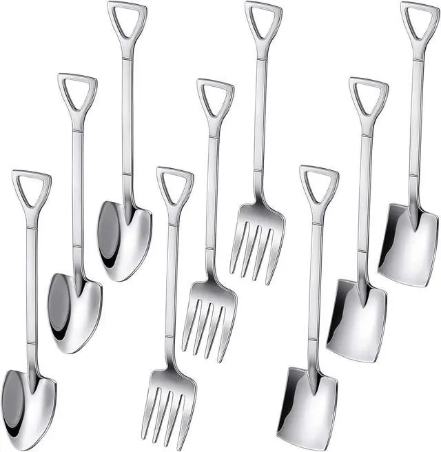 Main image of 9PCS Shovel Spoons and Forks for Desserts Ice Cream Stainless Steel Mini | Shovel Shaped Small Spoons for Dessert, Cake, Fruit, Watermelon, Coffee, Yogurt(4.8in Mini Shovels Silver)