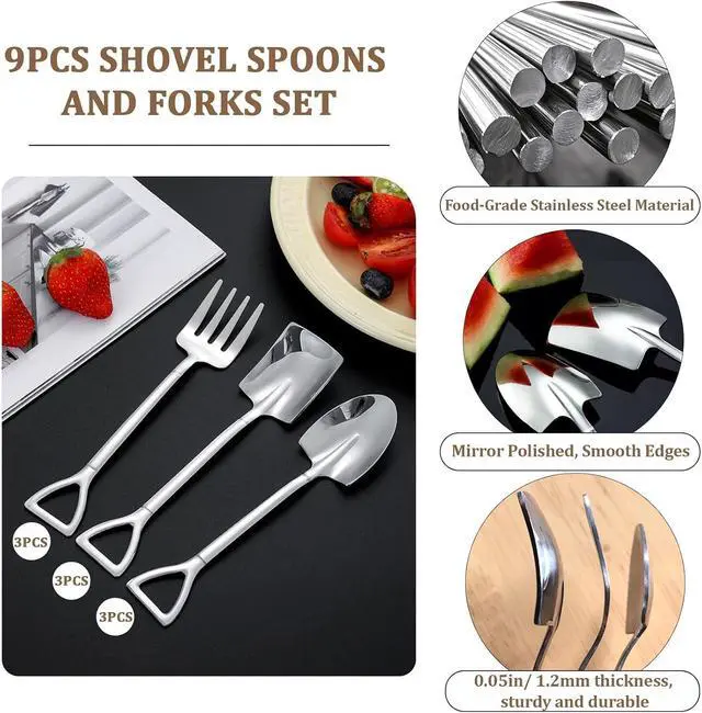 Alt view image 2 of 7 - 9PCS Shovel Spoons and Forks for Desserts Ice Cream Stainless Steel Mini | Shovel Shaped Small Spoons for Dessert, Cake, Fruit, Watermelon, Coffee, Yogurt(4.8in Mini Shovels Silver)
