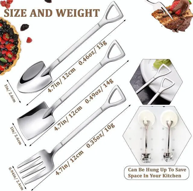 Alt view image 3 of 7 - 9PCS Shovel Spoons and Forks for Desserts Ice Cream Stainless Steel Mini | Shovel Shaped Small Spoons for Dessert, Cake, Fruit, Watermelon, Coffee, Yogurt(4.8in Mini Shovels Silver)