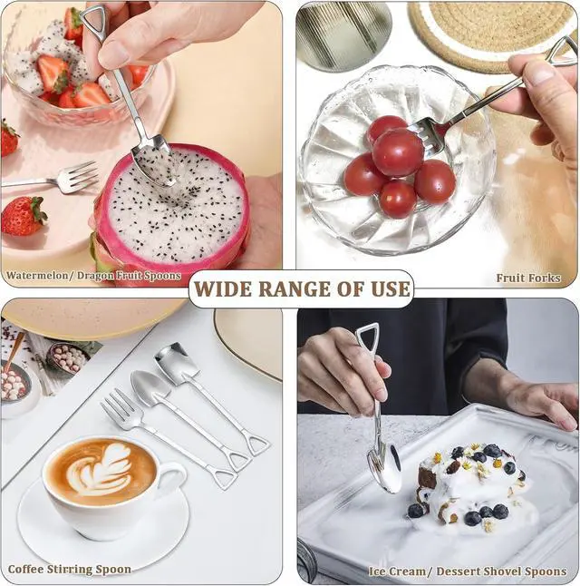 Alt view image 5 of 7 - 9PCS Shovel Spoons and Forks for Desserts Ice Cream Stainless Steel Mini | Shovel Shaped Small Spoons for Dessert, Cake, Fruit, Watermelon, Coffee, Yogurt(4.8in Mini Shovels Silver)