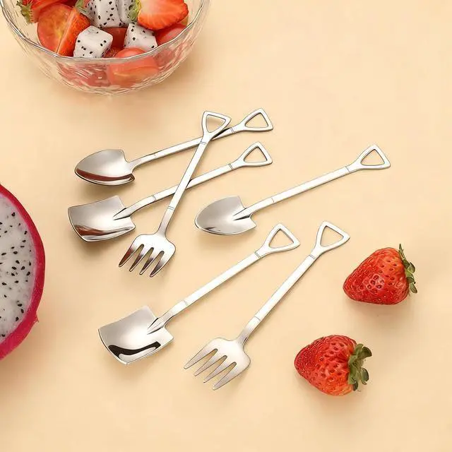 Alt view image 7 of 7 - 9PCS Shovel Spoons and Forks for Desserts Ice Cream Stainless Steel Mini | Shovel Shaped Small Spoons for Dessert, Cake, Fruit, Watermelon, Coffee, Yogurt(4.8in Mini Shovels Silver)