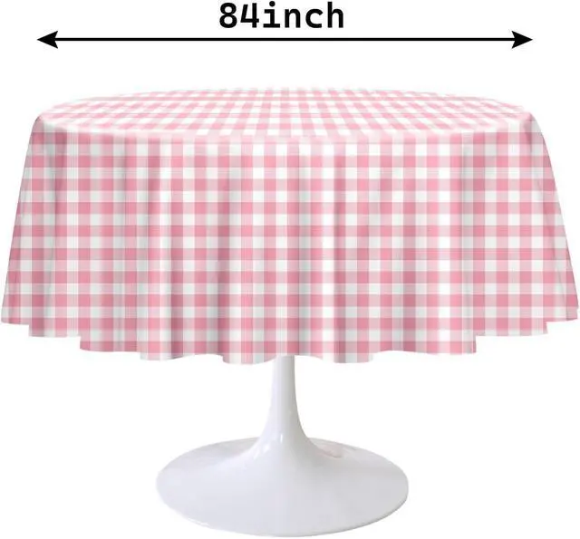 Alt view image 2 of 7 - 2 Pack Pink Gingham Tablecloth Round 84 x 84 Inch Round Plastic Checkered Table Cloth Disposable Plaid Table Cover for Picnic Party Birthday Wedding Baby Shower Circle Pink Tablecloth