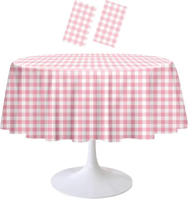 Main image of 2 Pack Pink Gingham Tablecloth Round 84 x 84 Inch Round Plastic Checkered Table Cloth Disposable Plaid Table Cover for Picnic Party Birthday Wedding Baby Shower Circle Pink Tablecloth