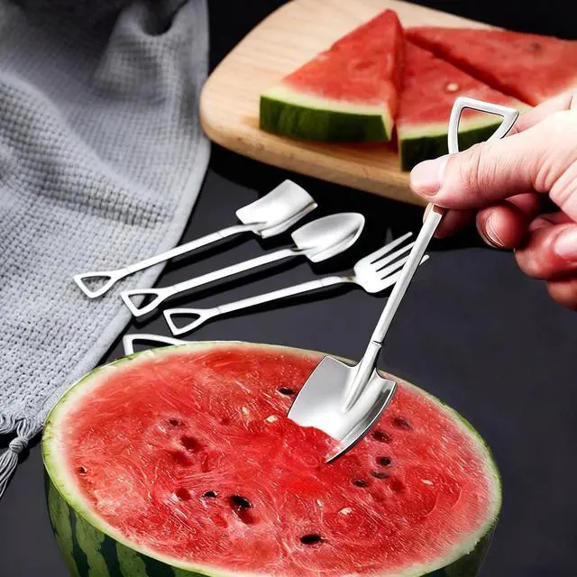 Alt view image 6 of 7 - 9PCS Shovel Spoons and Forks for Desserts Ice Cream Stainless Steel Mini | Shovel Shaped Small Spoons for Dessert, Cake, Fruit, Watermelon, Coffee, Yogurt(4.8in Mini Shovels Silver)