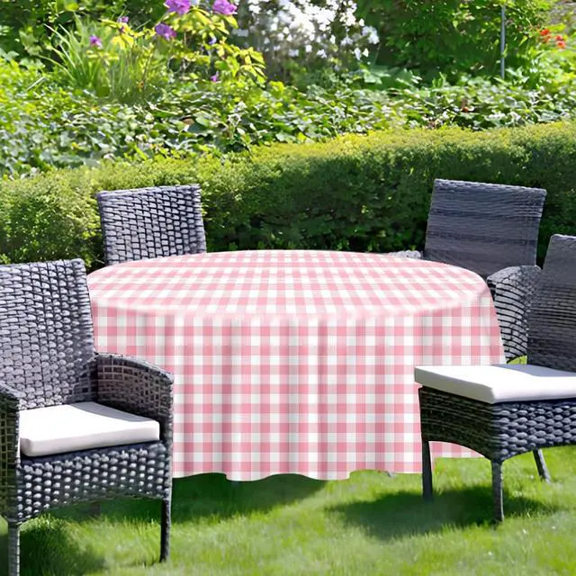 Alt view image 5 of 7 - 2 Pack Pink Gingham Tablecloth Round 84 x 84 Inch Round Plastic Checkered Table Cloth Disposable Plaid Table Cover for Picnic Party Birthday Wedding Baby Shower Circle Pink Tablecloth