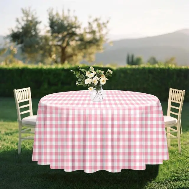 Alt view image 6 of 7 - 2 Pack Pink Gingham Tablecloth Round 84 x 84 Inch Round Plastic Checkered Table Cloth Disposable Plaid Table Cover for Picnic Party Birthday Wedding Baby Shower Circle Pink Tablecloth