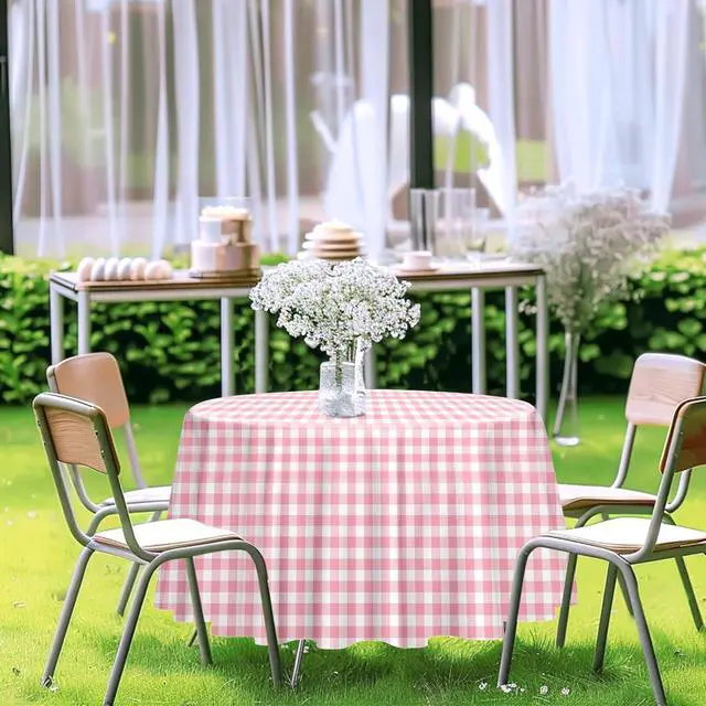 Alt view image 7 of 7 - 2 Pack Pink Gingham Tablecloth Round 84 x 84 Inch Round Plastic Checkered Table Cloth Disposable Plaid Table Cover for Picnic Party Birthday Wedding Baby Shower Circle Pink Tablecloth