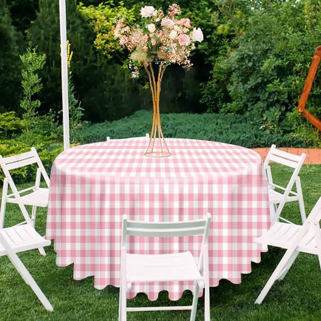 Alt view image 4 of 7 - 2 Pack Pink Gingham Tablecloth Round 84 x 84 Inch Round Plastic Checkered Table Cloth Disposable Plaid Table Cover for Picnic Party Birthday Wedding Baby Shower Circle Pink Tablecloth